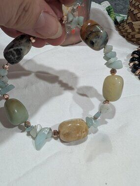Multicolor Natural Stone Beaded Bracelet  Aqua Green Brown Cream -7,75 in appox